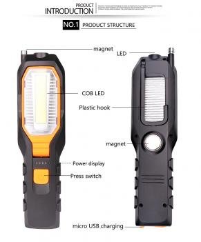 Darbo lempa akumuliatorinė, 5W COB LED, USB, 280+80 LM, su magnetiniu griebtuvu – nuotrauka 2