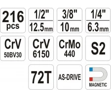 Įrankių rinkinys 1/4"+3/8"+1/2" 216vnt. – nuotrauka 6